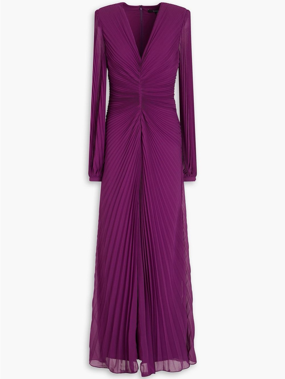 Badgley Mischka Plum Pleated V-Neck Long Sleeve Gown